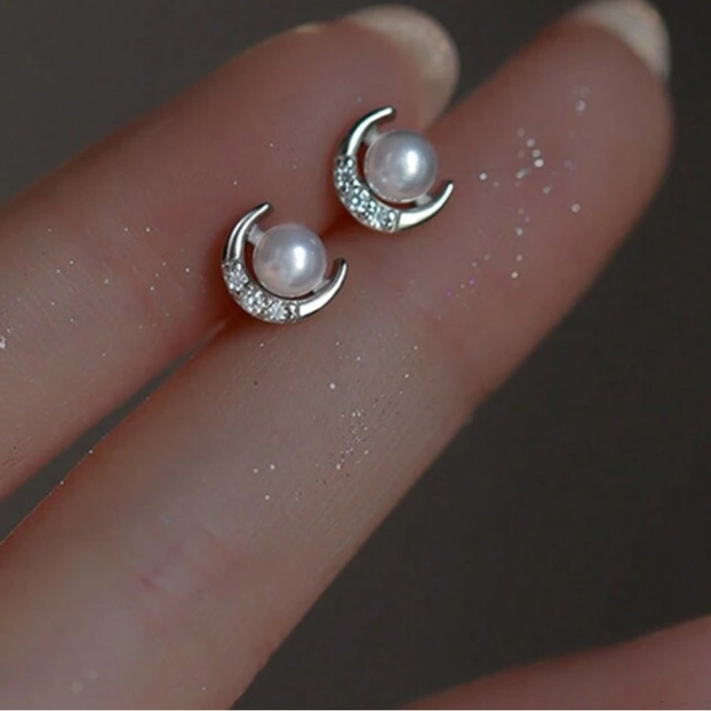Faux Pearl Cresent Moon Earrings, Moon Faux Pearl Earrings